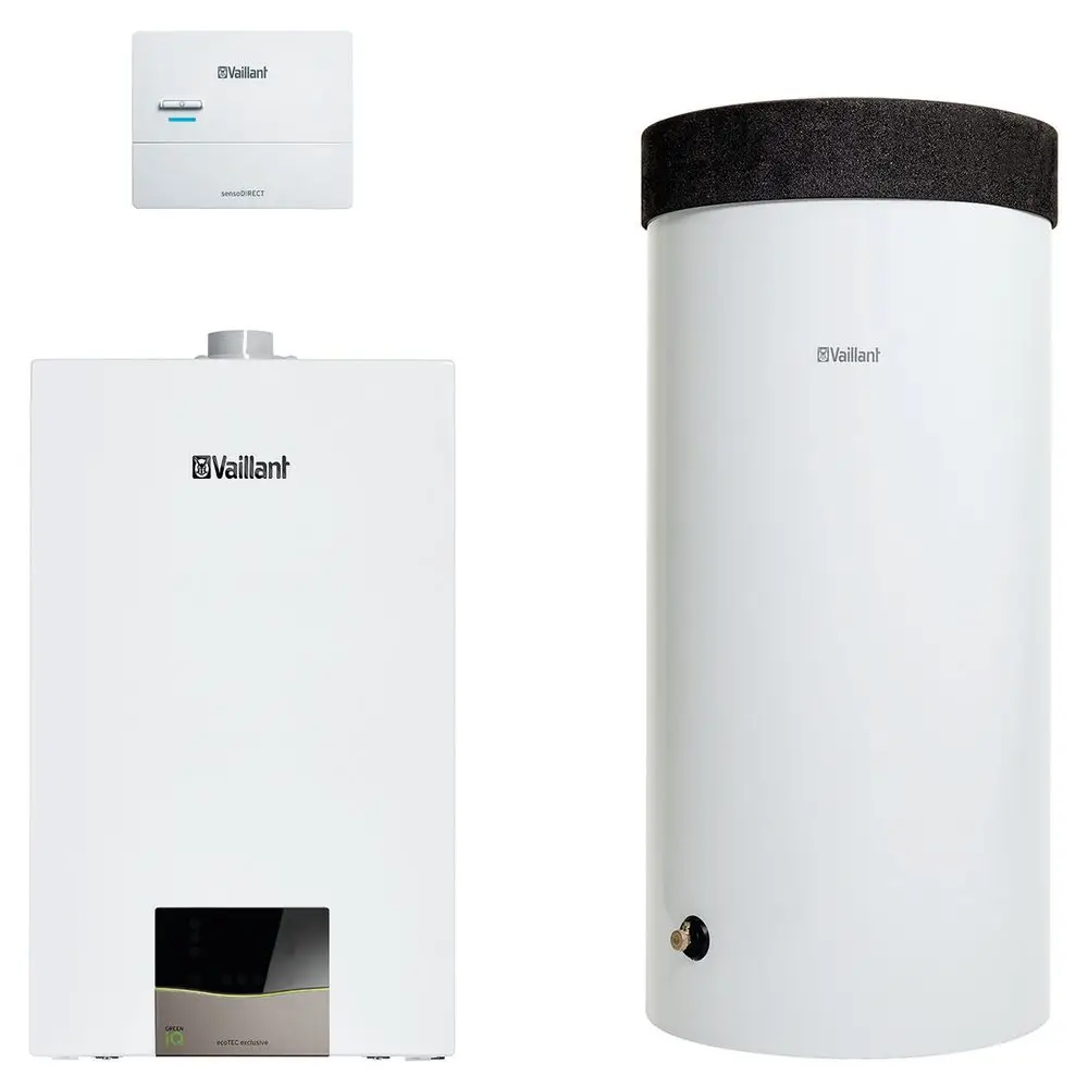 Vaillant Heizgerät in Weiß, kombiniert mit einem Speicherbesitzer, bestehend aus einem Kamin-Kessel und einem cylindrischen Warmwasserspeicher. Senorgerät montiert darüber.
